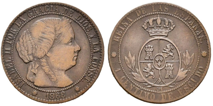 Cy15716.-ISABEL II - 1 Centimo de escudo 1868 Barcelona OM- MBC