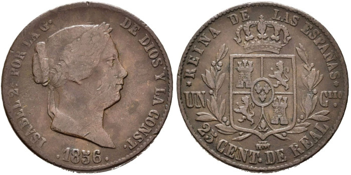Cy15773.-ISABEL II - 25 Centimo de real 1856 Segovia - MBC