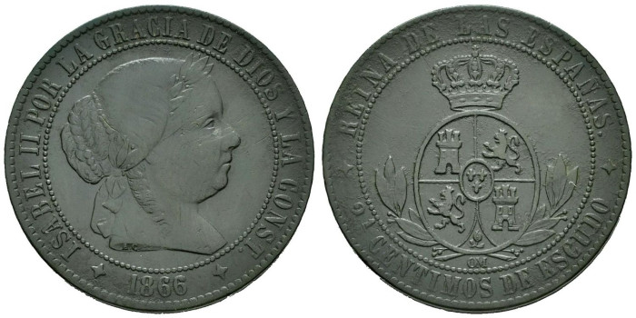 Cy15789.-ISABEL II - 2 1/2 Centimo de escudo 1866 Jubia OM- MBC-