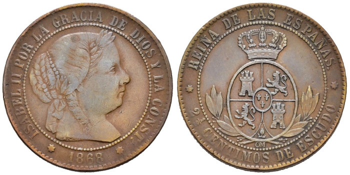 Cy15800.-ISABEL II - 2 1/2 Centimo de escudo 1868 Sevilla OM- MBC+