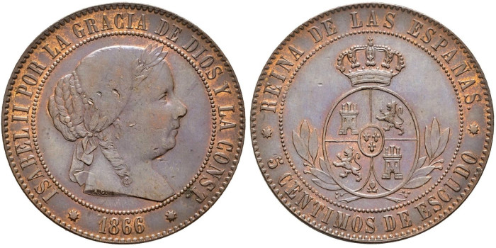 Cy15872.-ISABEL II - 5 Centimos de escudo 1866 Barcelona - EBC