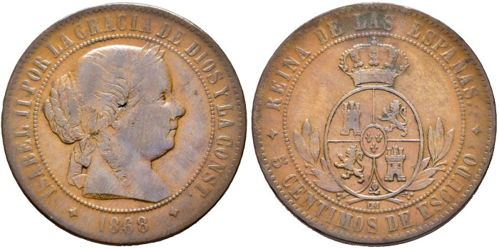 Cy15883.-ISABEL II - 5 Centimos de escudo 1868 Jubia OM - MBC-