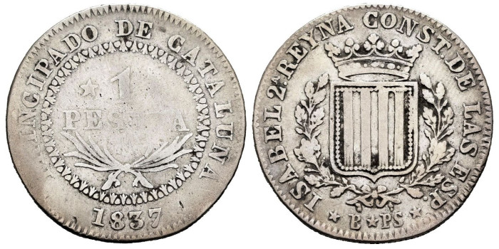 Cy16075.-ISABEL II - 1 Peseta 1837 Barcelona - RC/BC