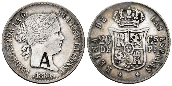 Cy16161.-ISABEL II - 20 centavos 1864 Manila - MBC