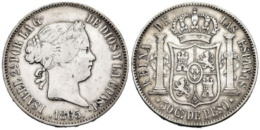 Cy16238.-ISABEL II - 50 Centimos de peso 1865 Manila - MBC