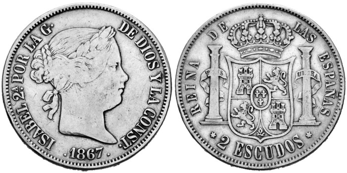 Cy16332.-ISABEL II -2 Escudos 1867 Madrid - BC+