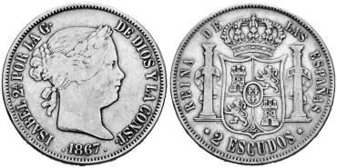 Cy16332.-ISABEL II -2 Escudos 1867 Madrid - BC+