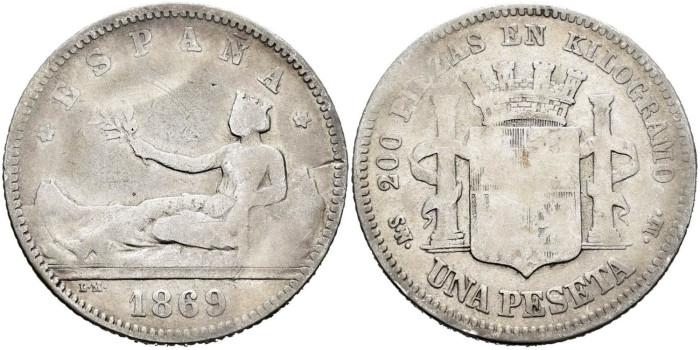 Cy16509B.-G.P Y I REPUBLICA - 1 Peseta 1869(---) SNM - RC