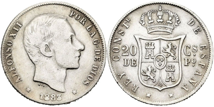 Cy16627C.- ALFONSO XII 20 Ctm. de Peso 1883 Manila - BC