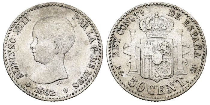 Cy16660E.- ALFONSO XIII 50 Centimos 1892 (2-2) PGM- MBC
