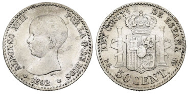 Cy16660E.- ALFONSO XIII 50 Centimos 1892 (2-2) PGM- MBC