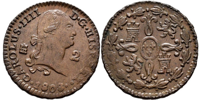 Cy12249.-CARLOS IV - 2 Maravedis 1808 Segovia - EBC+