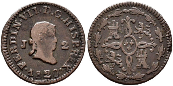 Cy13928.-FERNANDO VII -2 Maravedis 1820 Jubia - MBC+