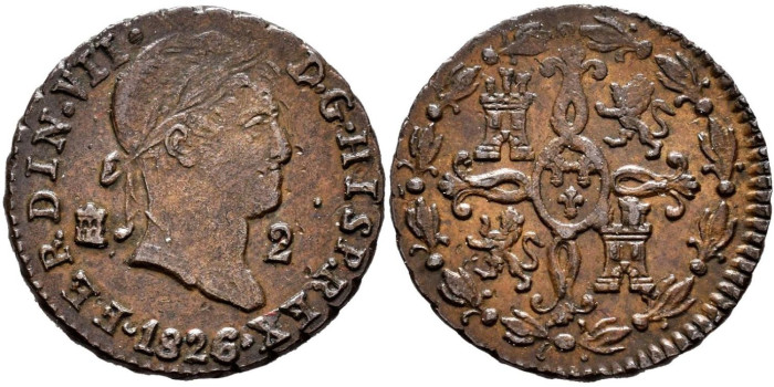 Cy13936.-FERNANDO VII -2 Maravedis 1826 Segovia - EBC-