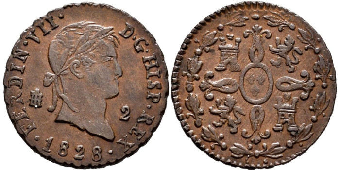 Cy13939.-FERNANDO VII -2 Maravedis 1828 Segovia - SC
