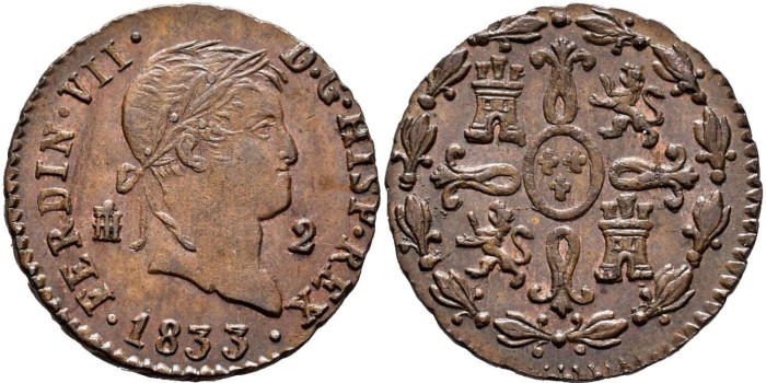 Cy13946.-FERNANDO VII -2 Maravedis 1833 Segovia - SC