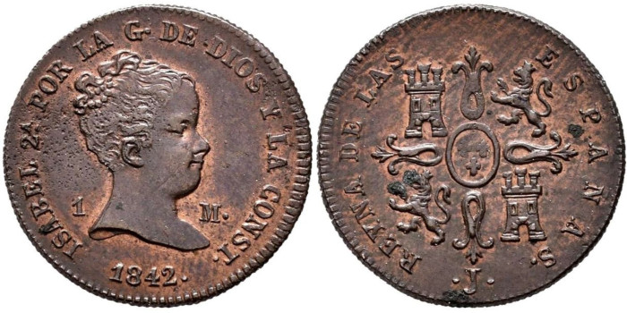 Cy15625.-ISABEL II -1 Maravedi 1842 Jubia - EBC