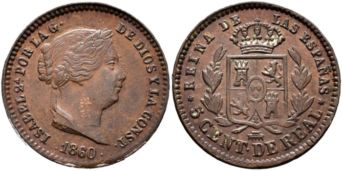 Cy15638.-ISABEL II - 5 Centimo de real 1860 Segovia - SC