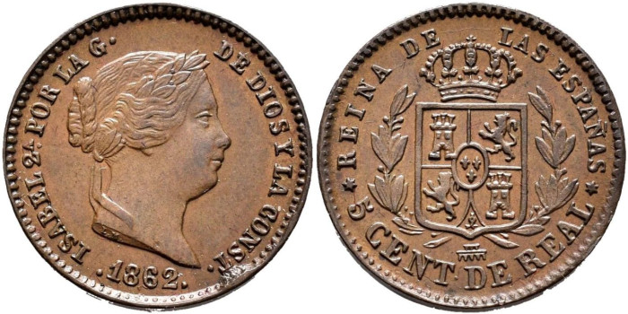 Cy15640.-ISABEL II - 5 Centimo de real 1862 Segovia - SC