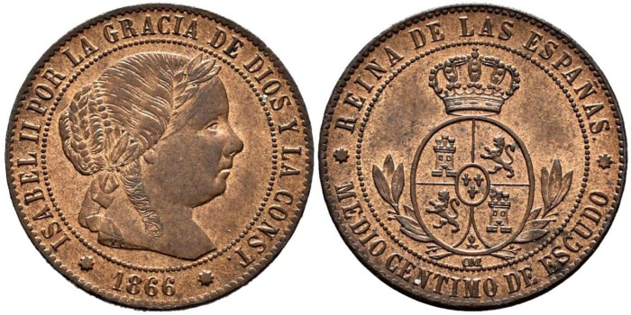 Cy15644.-ISABEL II - 1/2 Centimo de escudo 1866 Barcelona OM - EBC
