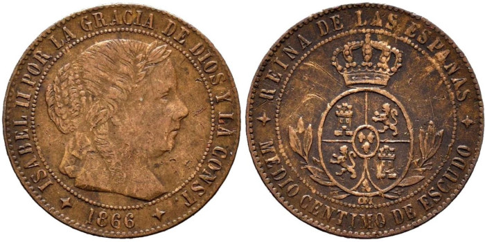 Cy15646.- ISABEL II - 1/2 Centimo de escudo 1866 Jubia OM - EBC