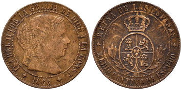 Cy15646.-ISABEL II - 1/2 Centimo de escudo 1866 Jubia OM - EBC