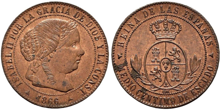 Cy15647.-ISABEL II - 1/2 Centimo de escudo 1866 Segovia OM - SC