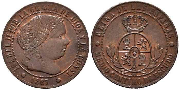 Cy15648.-ISABEL II - 1/2 Centimo de escudo 1866 Barcelona OM - SC