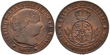Cy15648.-ISABEL II - 1/2 Centimo de escudo 1866 Barcelona OM - SC