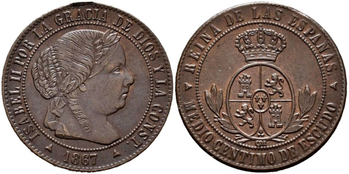Cy15651.- ISABEL II - 1/2 Centimo de escudo 1867 Segovia OM - SC
