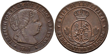 Cy15651.- ISABEL II - 1/2 Centimo de escudo 1867 Segovia OM - SC