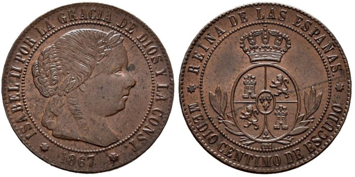 Cy15652.- ISABEL II - 1/2 Centimo de escudo 1867 Sevilla OM - SC