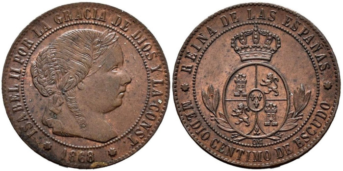 Cy15653.- ISABEL II - 1/2 Centimo de escudo 1868 Barcelona OM - SC