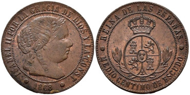 Cy15653.- ISABEL II - 1/2 Centimo de escudo 1868 Barcelona OM - SC