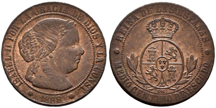 Cy15656.-ISABEL II - 1/2 Centimo de escudo 1868 Sevilla OM - EBC