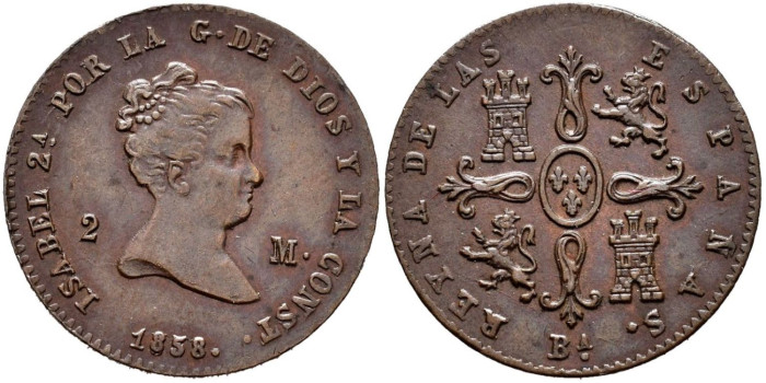 Cy15686.-ISABEL II - 2 Maravedis  1858 Barcelona - EBC