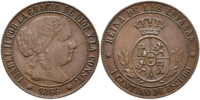 Cy15704.-ISABEL II - 1 Centimo de escudo 1866 Barcelona sin OM- EBC