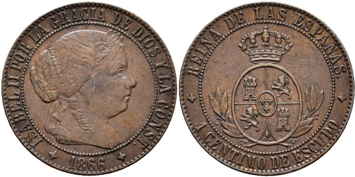 Cy15706.-ISABEL II - 1 Centimo de escudo 1866 Jubia sin OM- EBC