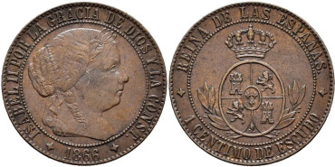 Cy15706.-ISABEL II - 1 Centimo de escudo 1866 Jubia sin OM- EBC