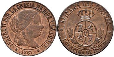 Cy15711.-ISABEL II - 1 Centimo de escudo 1867 Barcelona  OM- SC