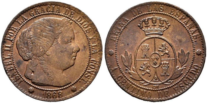 Cy15716.-ISABEL II - 1 Centimo de escudo 1868 Barcelona OM- EBC