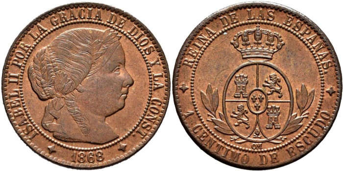 Cy15717.-ISABEL II - 1 Centimo de escudo 1868 Jubia OM- SC