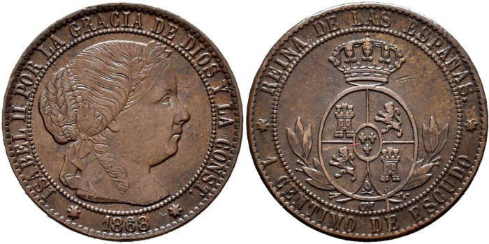 Cy15719.-ISABEL II - 1 Centimo de escudo 1868 Sevilla OM- SC
