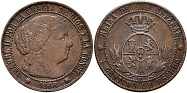 Cy15719.-ISABEL II - 1 Centimo de escudo 1868 Sevilla OM- SC