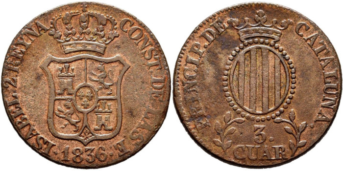 Cy15758.-ISABEL II -  3 Cuartos 1836 Cataluña - MBC