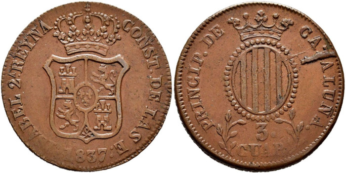 Cy15759.-ISABEL II -  3 Cuartos 1837 Cataluña - MBC+