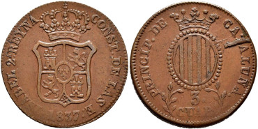 Cy15759.-ISABEL II -  3 Cuartos 1837 Cataluña - MBC+