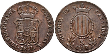 Cy15763.-ISABEL II -  3 Cuartos 1841 Cataluña - MBC+