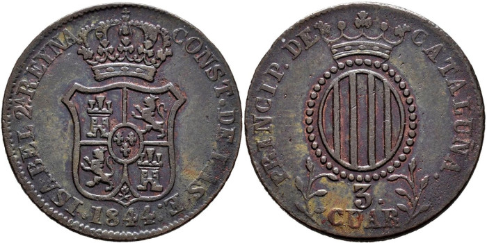 Cy15766.-ISABEL II -  3 Cuartos 1844 Cataluña - MBC+