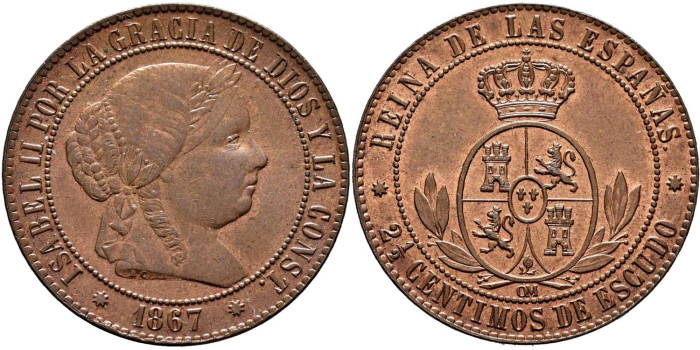 Cy15792.-ISABEL II - 2 1/2 Centimo de escudo 1867 Segovia OM- SC